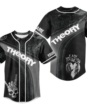 Edgy Black Graphic Baseball Jersey - Bold 'Theory' Design, Perfect For Streetwear Lovers