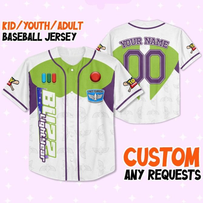 Custom Buzz Lightyear Baseball Jersey - Kids/Youth/Adult - Personalized Name & Number - Image 2