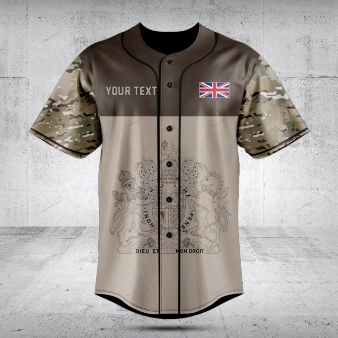 Customizable Uk Flag Baseball Jersey With Camo Sleeves - Stylish & Unique Design