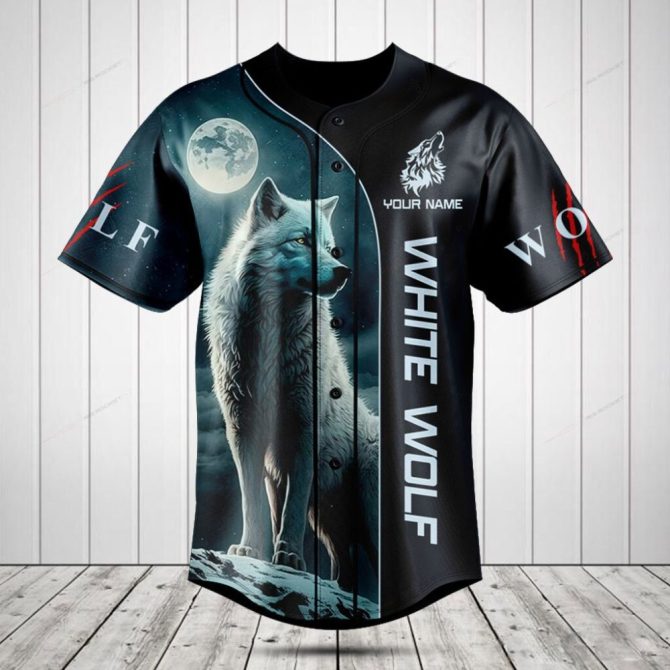 Custom White Wolf Baseball Jersey – Moonlit Design, Personalized Name, Perfect Gift!