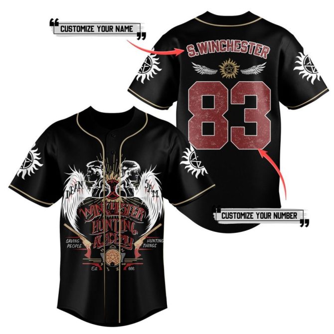Custom Supernatural Baseball Jersey – Personalize Name & Number – Winchester Hunting Academy Design