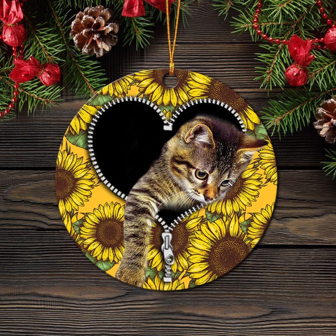 Cute Cat Sunflower Zipper Ceramic Circle Ornament Perfect Gift For Christmas Holiday