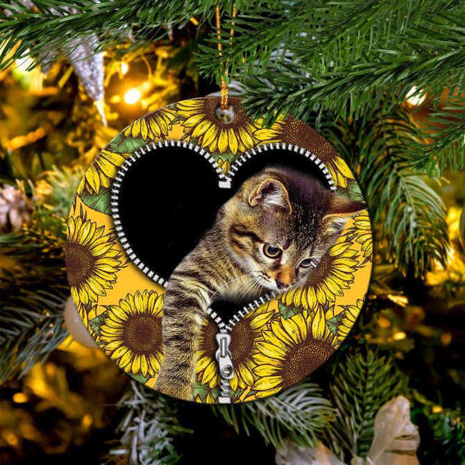 Cute Cat Sunflower Zipper Ceramic Circle Ornament Perfect Gift For Christmas Holiday - Image 2