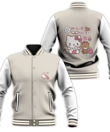 Hello Kitty Varsity Jacket - Cute Beige & White Bomber For Kids & Teens - Cozy & Stylish Outerwear