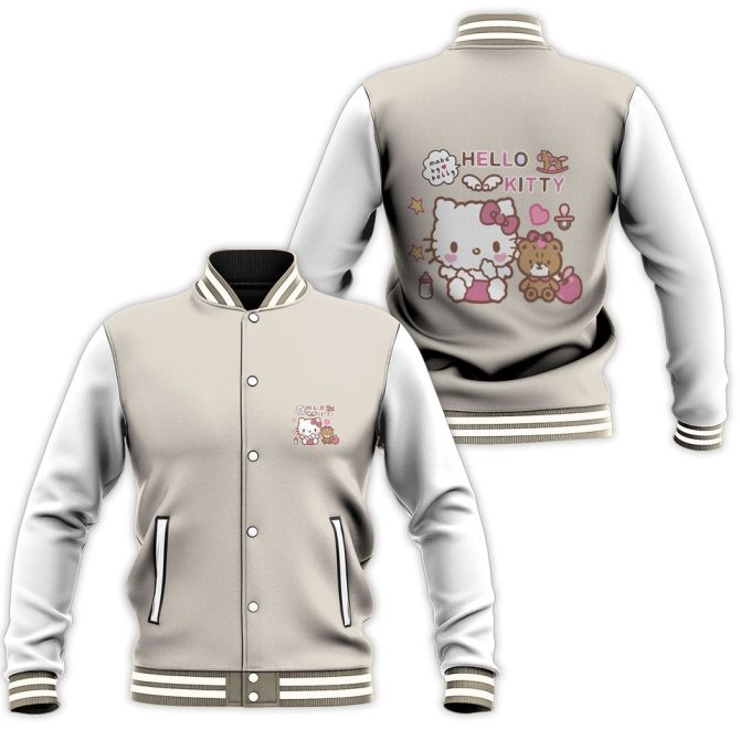 Hello Kitty Varsity Jacket - Cute Beige & White Bomber For Kids & Teens - Cozy & Stylish Outerwear