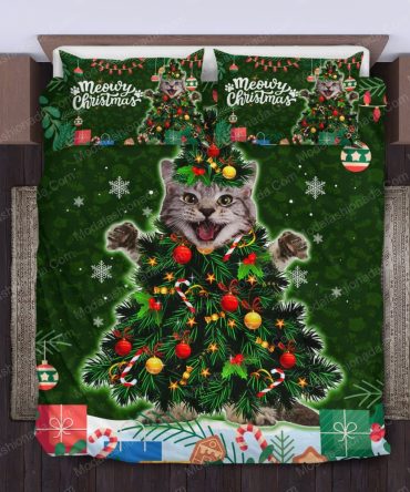 Meowy Christmas Cat Tree Bedding Set – Festive Holiday Duvet Cover & Pillowcases