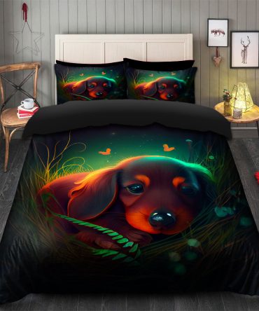 Cute Baby Dachshund Bedded Down In The Grass Safe And Cozy Fireflies Bedding Set Duvet Cover And 2 Pillowcases
