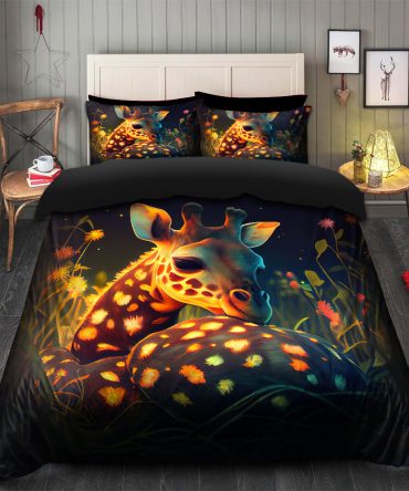 Cute Baby Giraffe Bedded Down In The Grass Safe And Cozy Fireflies Bedding Set Duvet Cover And 2 Pillowcases