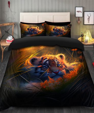 Cute Baby Tiger Bedded Down In The Grass Safe And Cozy Fireflies Bedding Set Duvet Cover And 2 Pillowcases