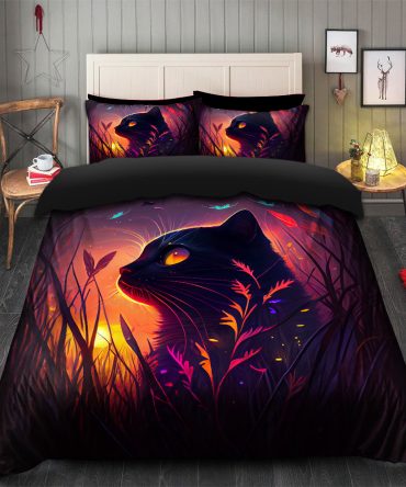 Cute Black Cat Bedded Down In The Grass Safe And Cozy Fireflies Bedding Set Duvet Cover And 2 Pillowcases