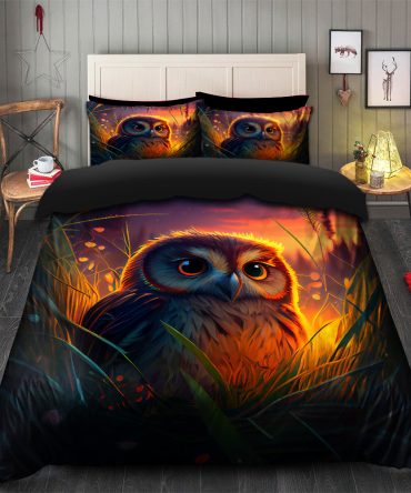 Cute Owl Bedded Down In The Grass Safe And Cozy Fireflies Bedding Set Duvet Cover And 2 Pillowcases