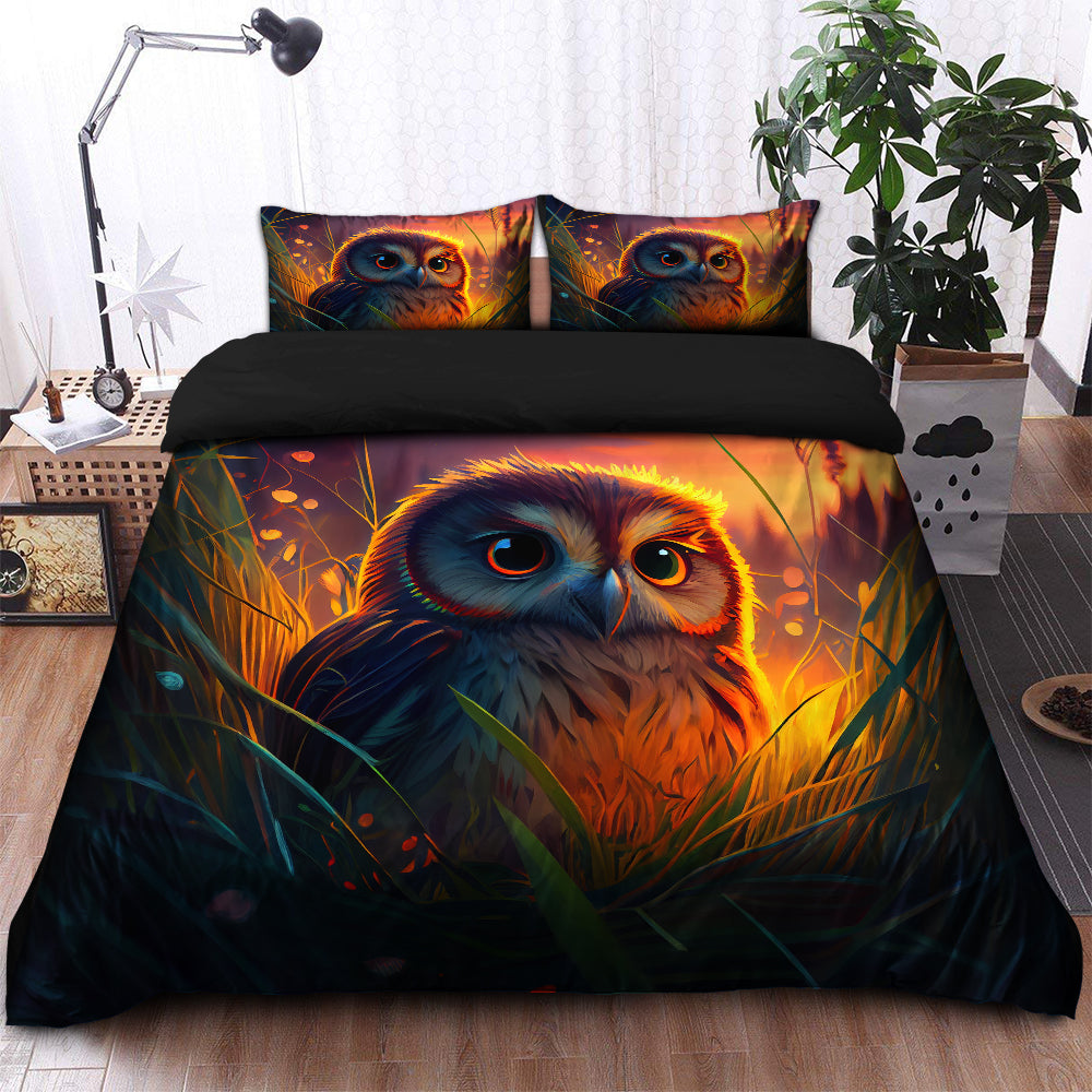 Cute Owl Bedded Down In The Grass Safe And Cozy Fireflies Bedding Set Duvet Cover And 2 Pillowcases - Image 2