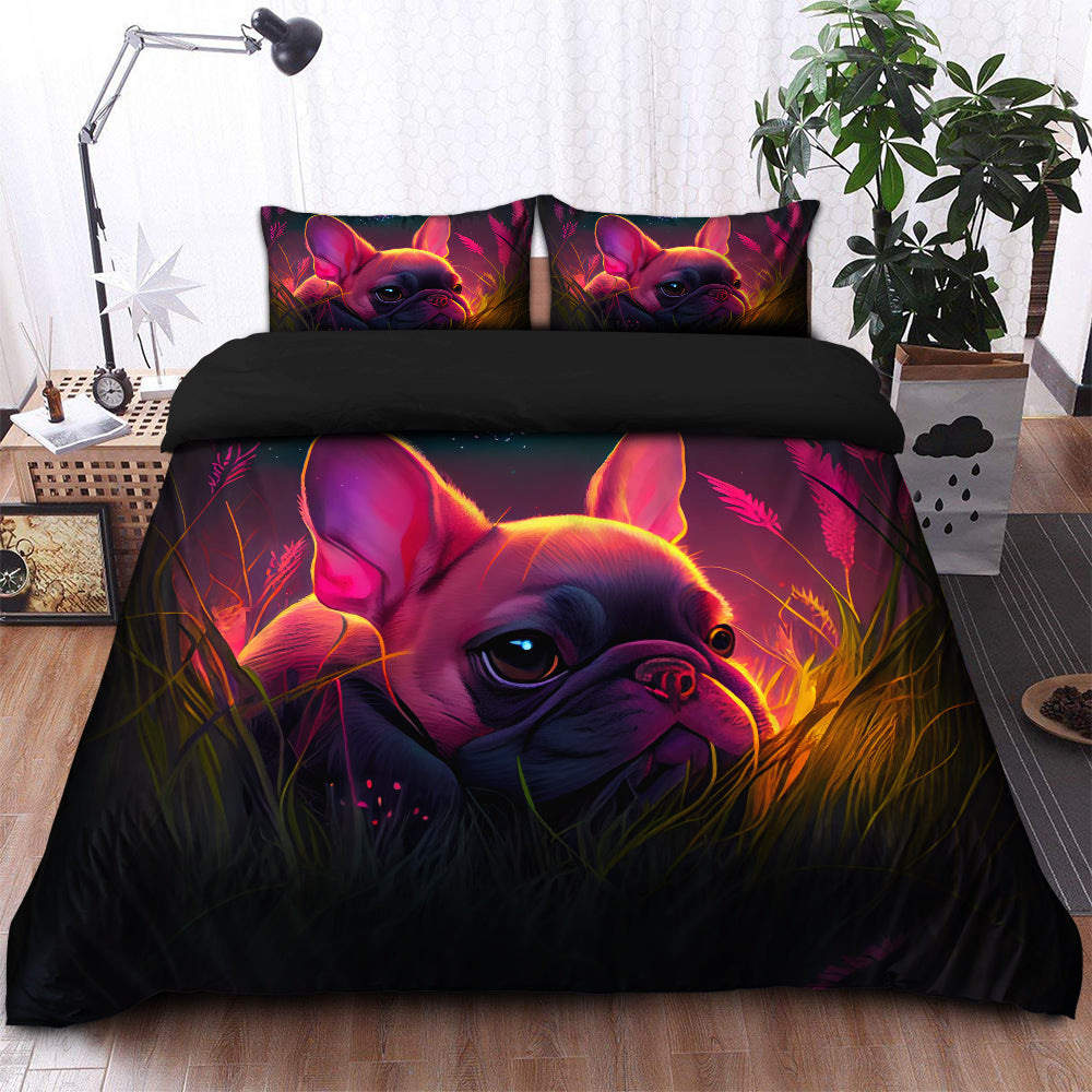 Cute Pink Baby French Bulldog Bedded Down In The Grass Safe And Cozy Fireflies Bedding Set Duvet Cover And 2 Pillowcases - Image 2