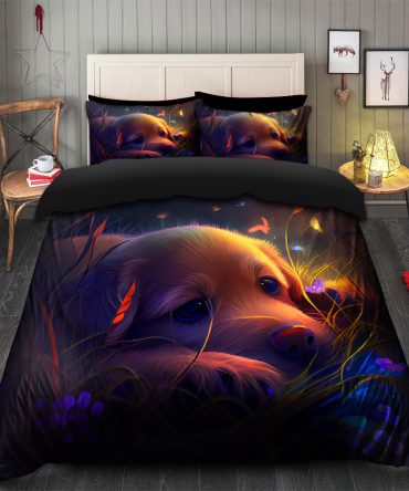 Cute Puppy Bedded Down In The Grass Safe And Cozy Fireflies Bedding Set Duvet Cover And 2 Pillowcases