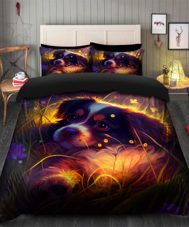 Cute Puppy 2 Bedded Down In The Grass Safe And Cozy Fireflies Bedding Set Duvet Cover And 2 Pillowcases