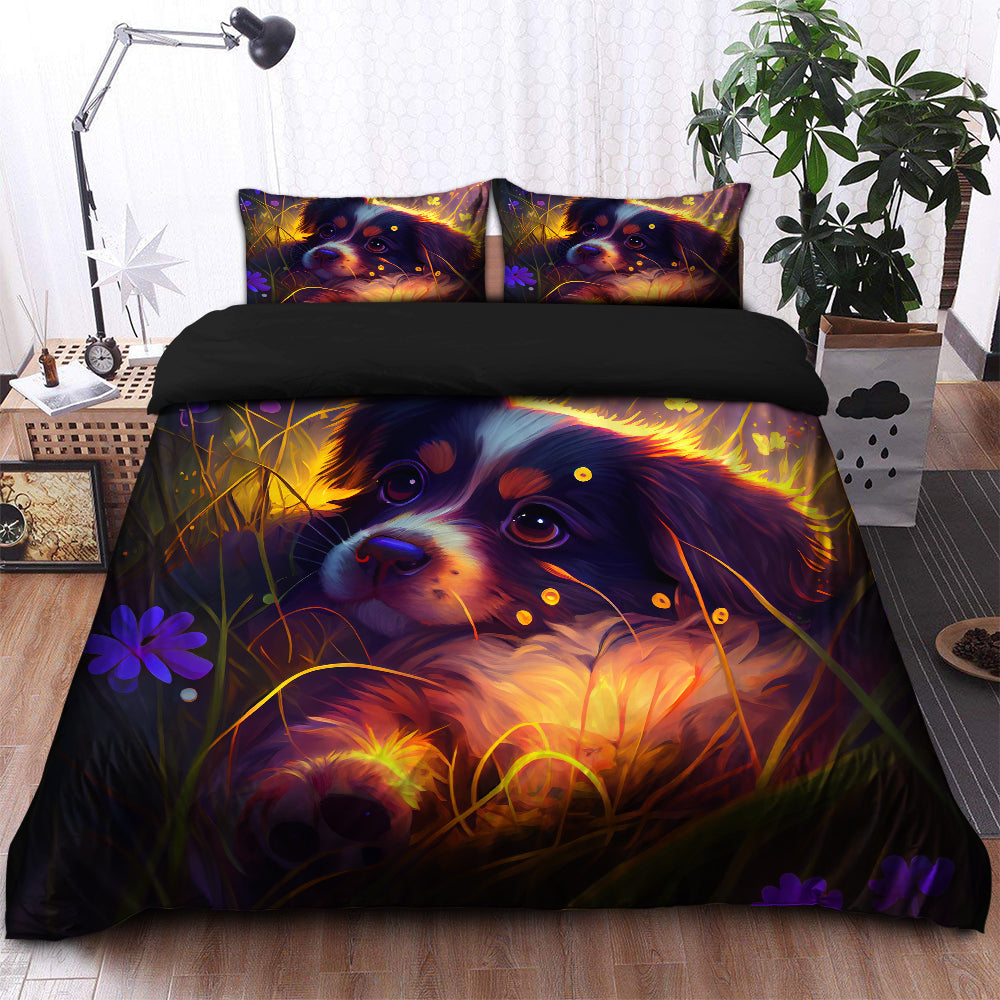 Cute Puppy 2 Bedded Down In The Grass Safe And Cozy Fireflies Bedding Set Duvet Cover And 2 Pillowcases - Image 2