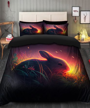 Cute Rabbit Bedded Down In The Grass Safe And Cozy Fireflies Bedding Set Duvet Cover And 2 Pillowcases