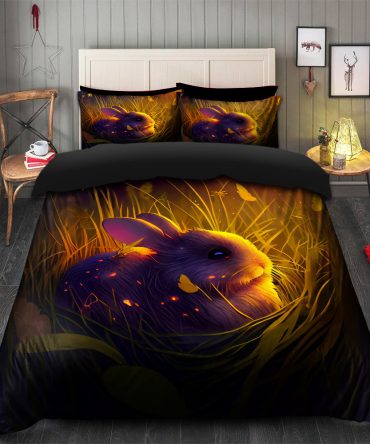 Cute Rabbit 2 Bedded Down In The Grass Safe And Cozy Fireflies Bedding Set Duvet Cover And 2 Pillowcases