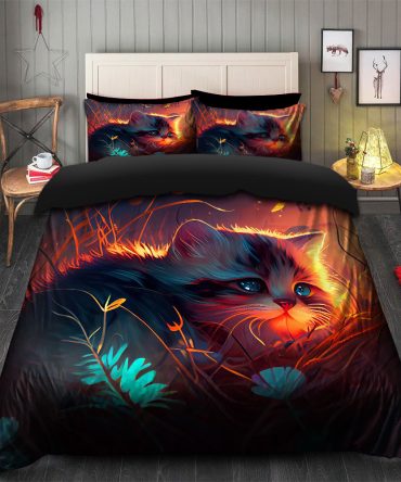 Cute Cat Bedded Down In The Grass Safe And Cozy Fireflies Bedding Set Duvet Cover And 2 Pillowcases
