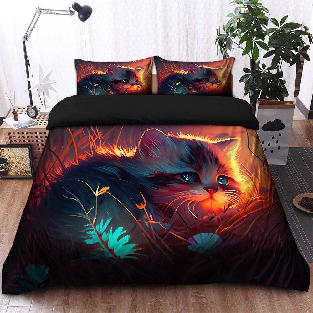 Cute Cat Bedded Down In The Grass Safe And Cozy Fireflies Bedding Set Duvet Cover And 2 Pillowcases - Image 2
