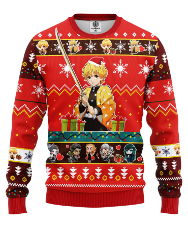 Agatsuma Zenitsu Demon Slayer Anime Ugly Christmas Sweater Red 1 Amazing Gift Idea Thanksgiving Gift