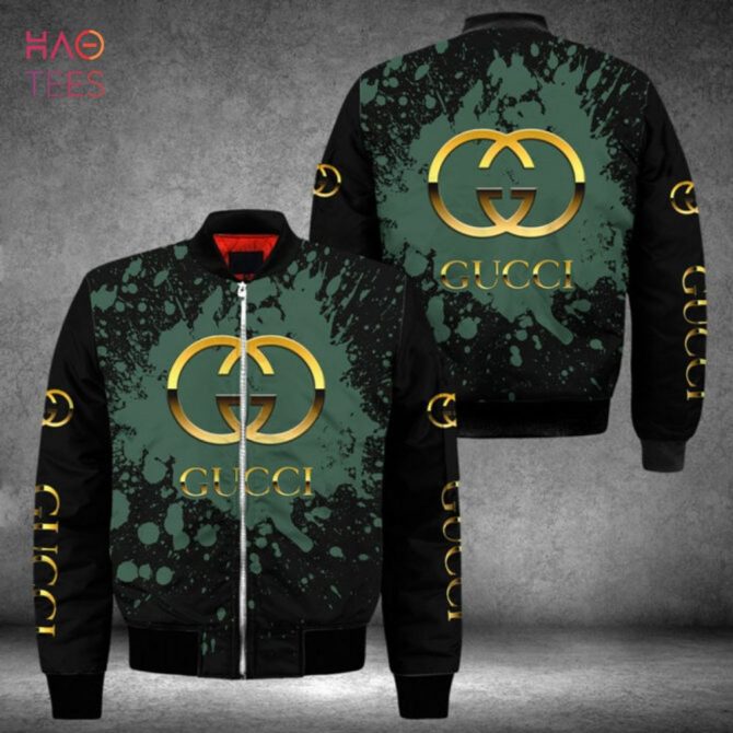 Hot Gucci Luxury Brand Green Paint Flakes Bomber Jacket Pod Design - Image 2