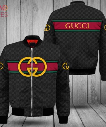Trendding Gucci Luxury Brand Black Mix Gold Logo Bomber Jacket Limited Edition