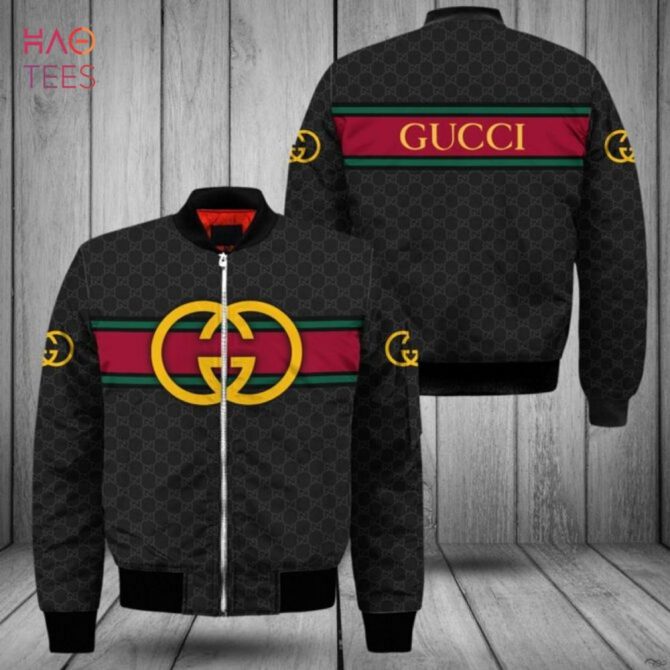 Trendding Gucci Luxury Brand Black Mix Gold Logo Bomber Jacket Limited Edition - Image 2