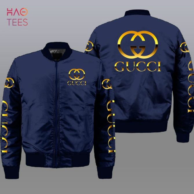 New Gucci Luxury Brand Blue Mix Gold Logo Bomber Jacket Limited Edition