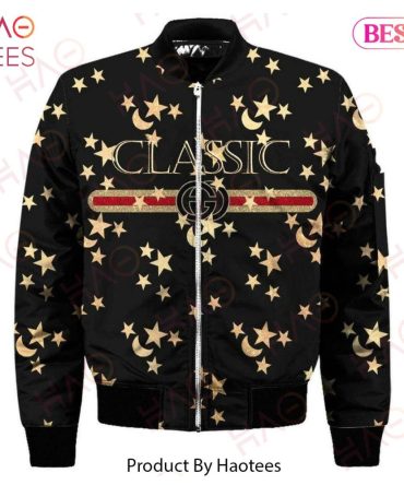 Stylish Star Pattern Bomber Jacket - Classic Black & Gold Design By Haotees