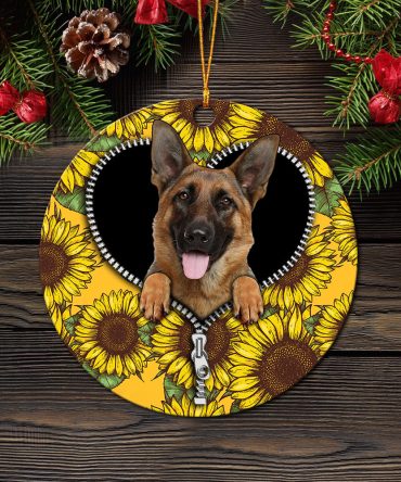 German Shepherd Sunflower Zipper Ceramic Circle Ornament Perfect Gift For Christmas Holiday