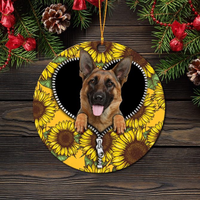 German Shepherd Sunflower Zipper Ceramic Circle Ornament Perfect Gift For Christmas Holiday