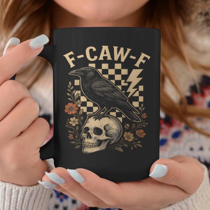 Halloween F Caw F Black Raven Bird F-Caw-F Crow Checkered Coffee Mug - Image 2