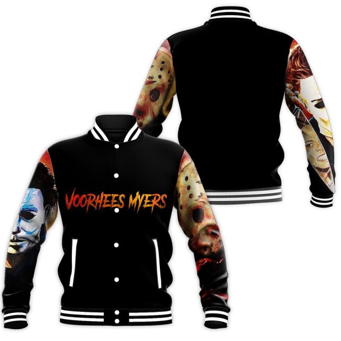 Horror Legends Varsity Jacket - Voorhees & Myers Design, Perfect For Halloween Fans!