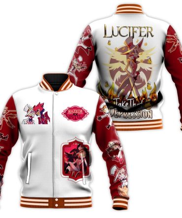 Lucifer Stylish Red & White Graphic Varsity Jacket - Unique Art Design & Vibrant Colors