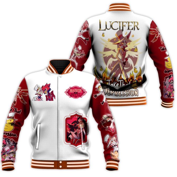 Lucifer Stylish Red & White Graphic Varsity Jacket - Unique Art Design & Vibrant Colors