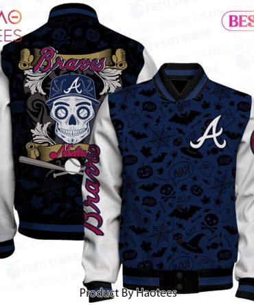 Braves Skull Graphic Varsity Jacket – Stylish Halloween Themed Outerwear