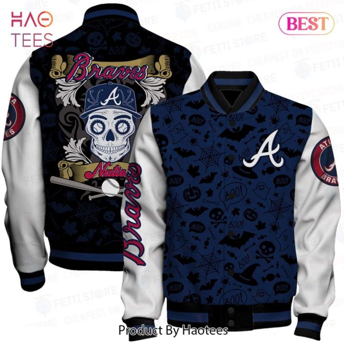 Braves Skull Graphic Varsity Jacket – Stylish Halloween Themed Outerwear