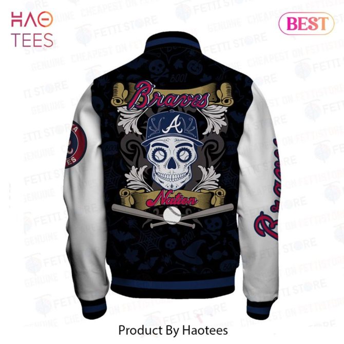 Braves Skull Graphic Varsity Jacket – Stylish Halloween Themed Outerwear - Image 3