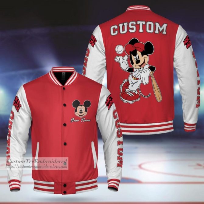 Custom Mickey Mouse Baseball Varsity Jacket - Personalized Red & White Embroidered Coat