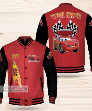 Custom Lightning Mcqueen Kids Varsity Jacket - Personalized Name, Red & Black, Racing Design