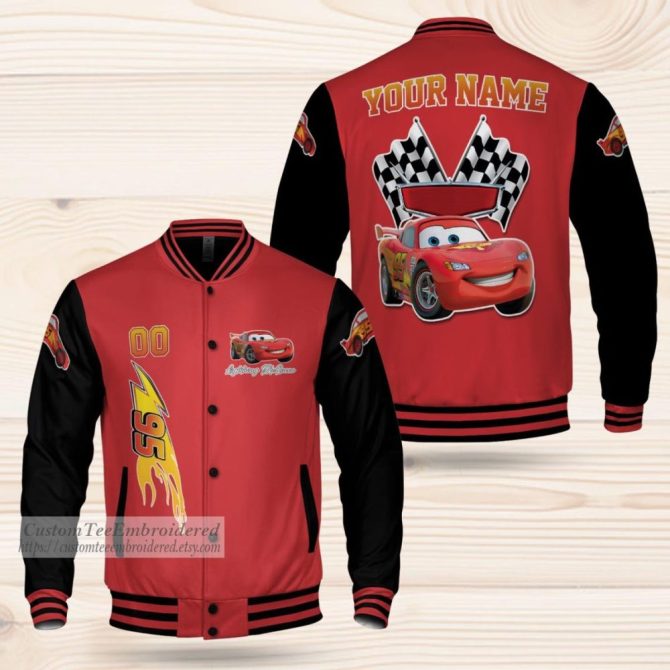 Custom Lightning Mcqueen Kids Varsity Jacket - Personalized Name, Red & Black, Racing Design