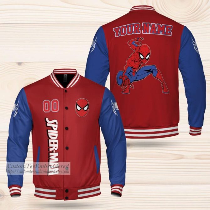 Customizable Spider Hero Varsity Jacket - Personalized Name & Number, Red & Blue