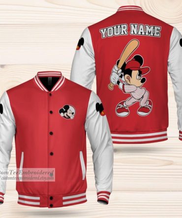 Customizable Baseball Mickey Varsity Jacket - Personalized Name Embroidery, Red & White, Stylish & Unique Design