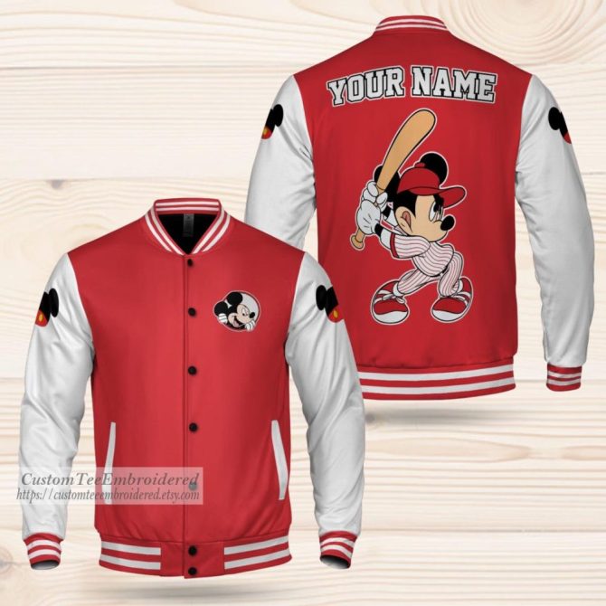 Customizable Baseball Mickey Varsity Jacket - Personalized Name Embroidery, Red & White, Stylish & Unique Design