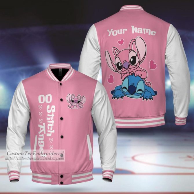 Custom Pink Varsity Jacket With Cute Cartoon Design & Personalized Name - Perfect Gift!
