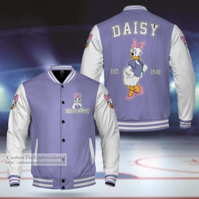 Customizable Daisy Duck Varsity Jacket - Personalized Embroidered Retro Style - Perfect Gift For Fans