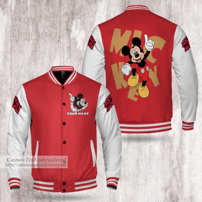 Custom Embroidered Mickey Mouse Varsity Jacket – Personalize Your Name, Red & White