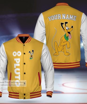Custom Embroidered Varsity Jacket - Personalized Name & Cartoon Dog Design - Unisex Yellow & White College Style