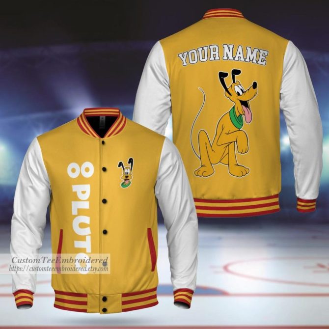 Custom Embroidered Varsity Jacket - Personalized Name & Cartoon Dog Design - Unisex Yellow & White College Style